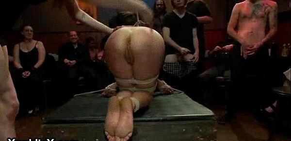  Tied up babe humiliated and fucked and caned in public bar